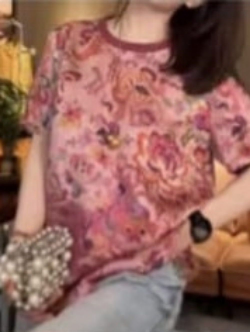 🪷Vibrany Floral Dragon Print Short Sleeve Top - Red Trim